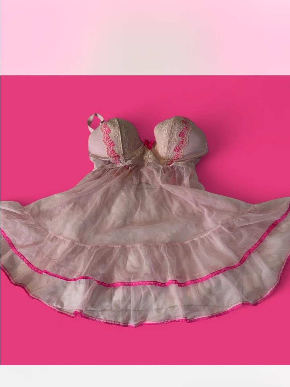 Victoria's Secret Pink Sheer Lace Babydoll with Hot Pink Trim